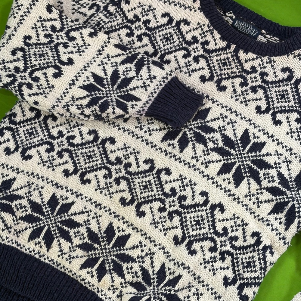 Lands End Fair Isle Sweater Mens L VTG 90s Nordic Snowflake Heritage USA Made